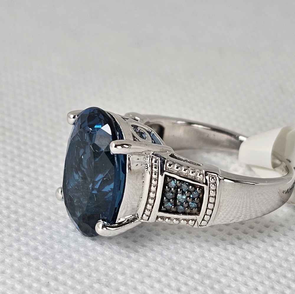 Natural London Blue Topaz & Teal Diamond Ring in Sterling Silver Sz 9! - Picture 9 of 16